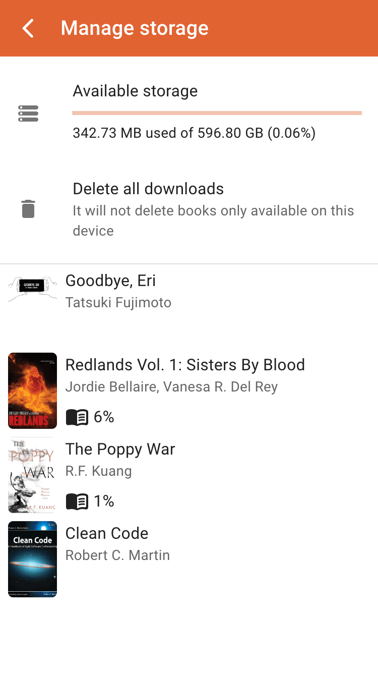 oboku storage screen listing books downloaded for offline reading