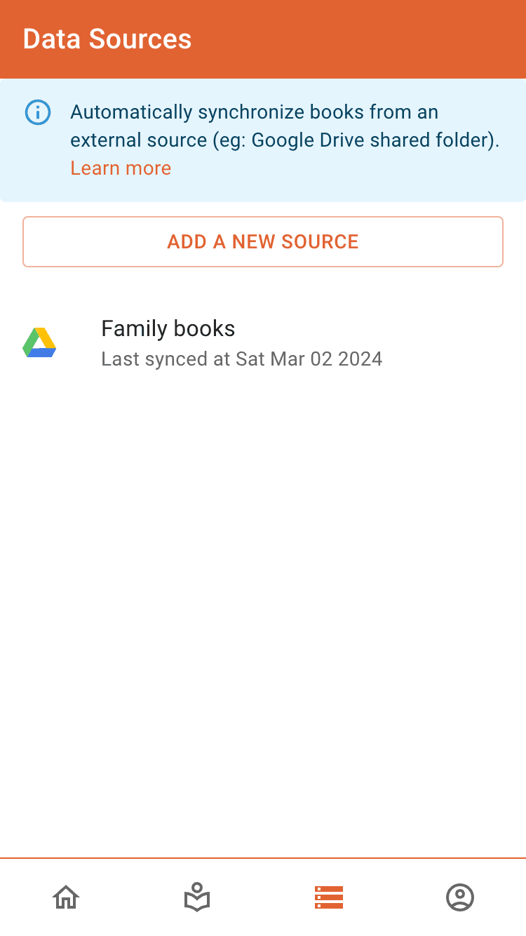 oboku data sources screen with a Google Drive library being synchronized