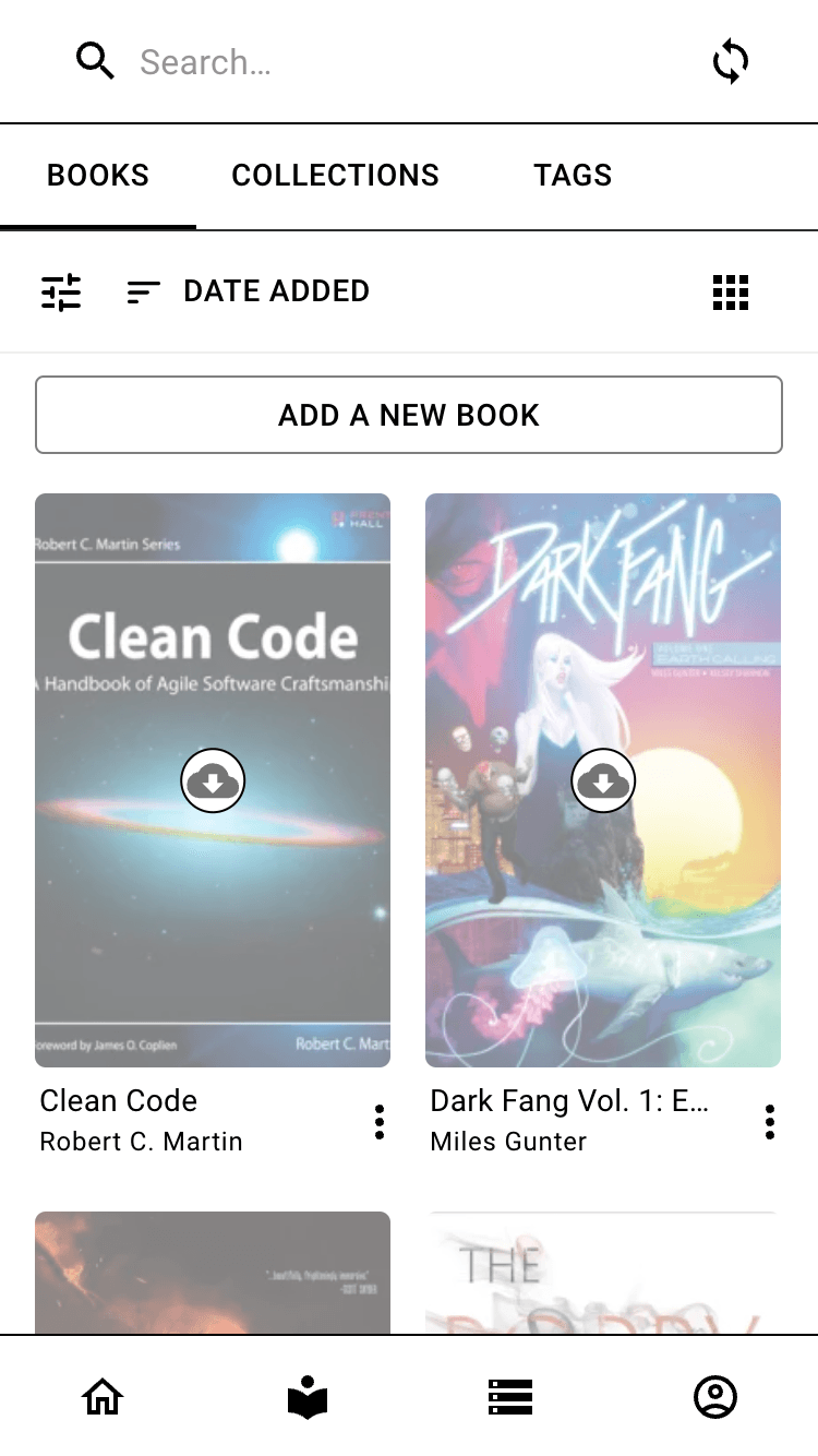 oboku library in e-ink mode, with a high-contrast monochrome interface