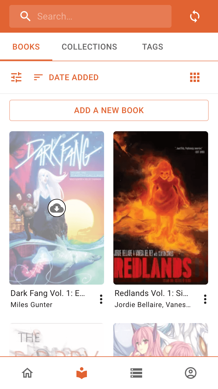 oboku library grid with books, collections and tags tabs